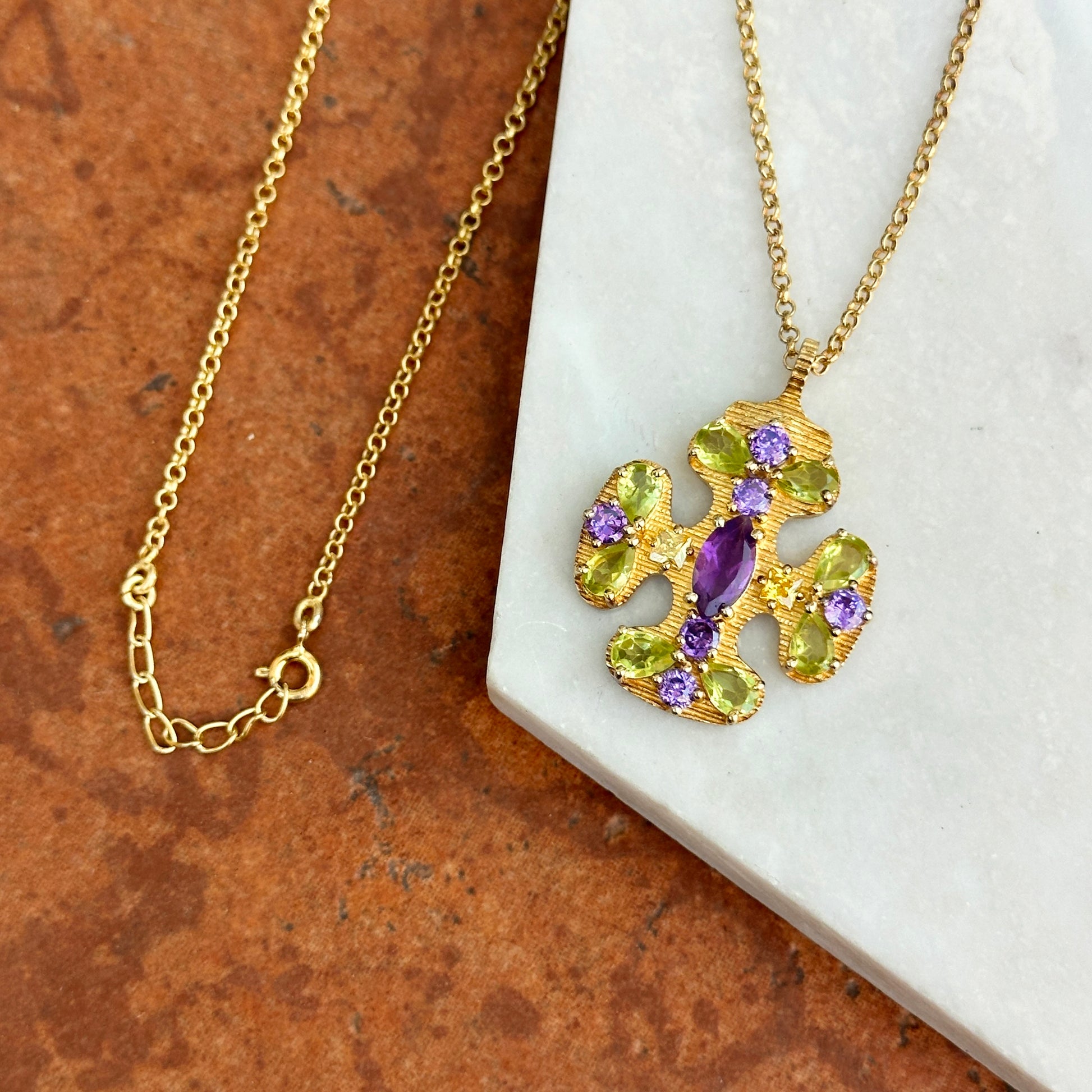 Estate Gold-Plated Gemstone Maltese Byzantine Cross Necklace - LSJ