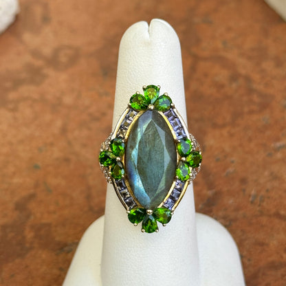 Sterling Silver Yellow Gold-Plated Marquise Labradorite Pear Chrome, Iolite, Cubic Zirconia Ring