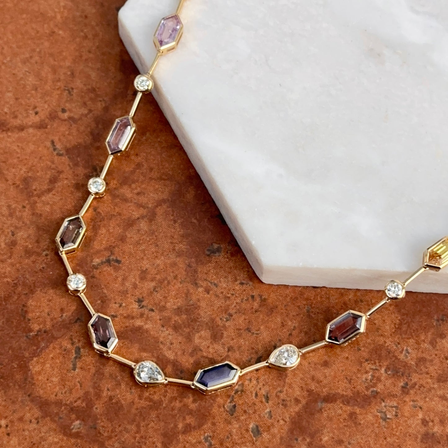 Estate 14KT Yellow Gold Multi Color and Shape Sapphire Tennis Necklace