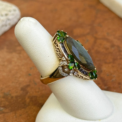 Sterling Silver Yellow Gold-Plated Marquise Labradorite Pear Chrome, Iolite, Cubic Zirconia Ring