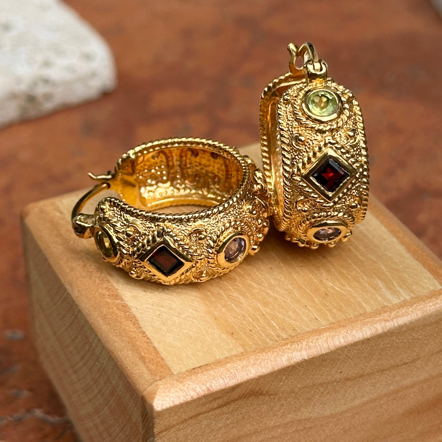 Sold Estate Yellow Gold-Plated Sterling Silver Byzantine Amethyst Peridot + Garnet Hoop Earrings - LSJ