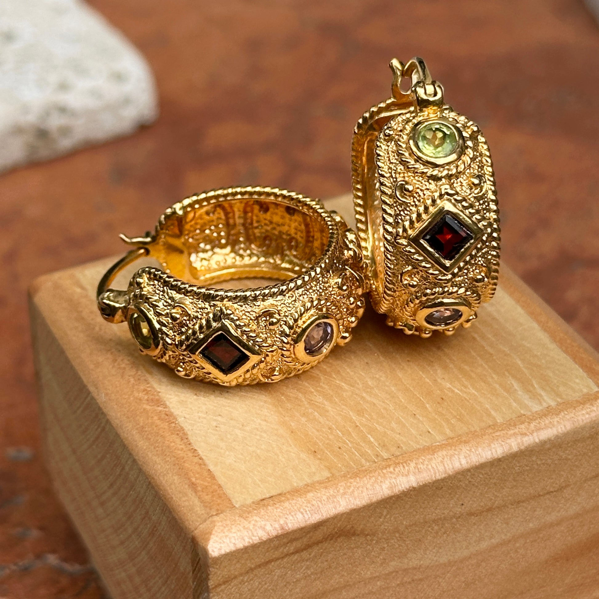 Sold Estate Yellow Gold-Plated Sterling Silver Byzantine Amethyst Peridot + Garnet Hoop Earrings - LSJ