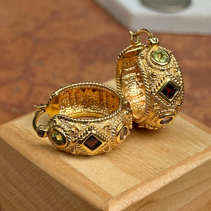 Sold Estate Yellow Gold-Plated Sterling Silver Byzantine Amethyst Peridot + Garnet Hoop Earrings - LSJ