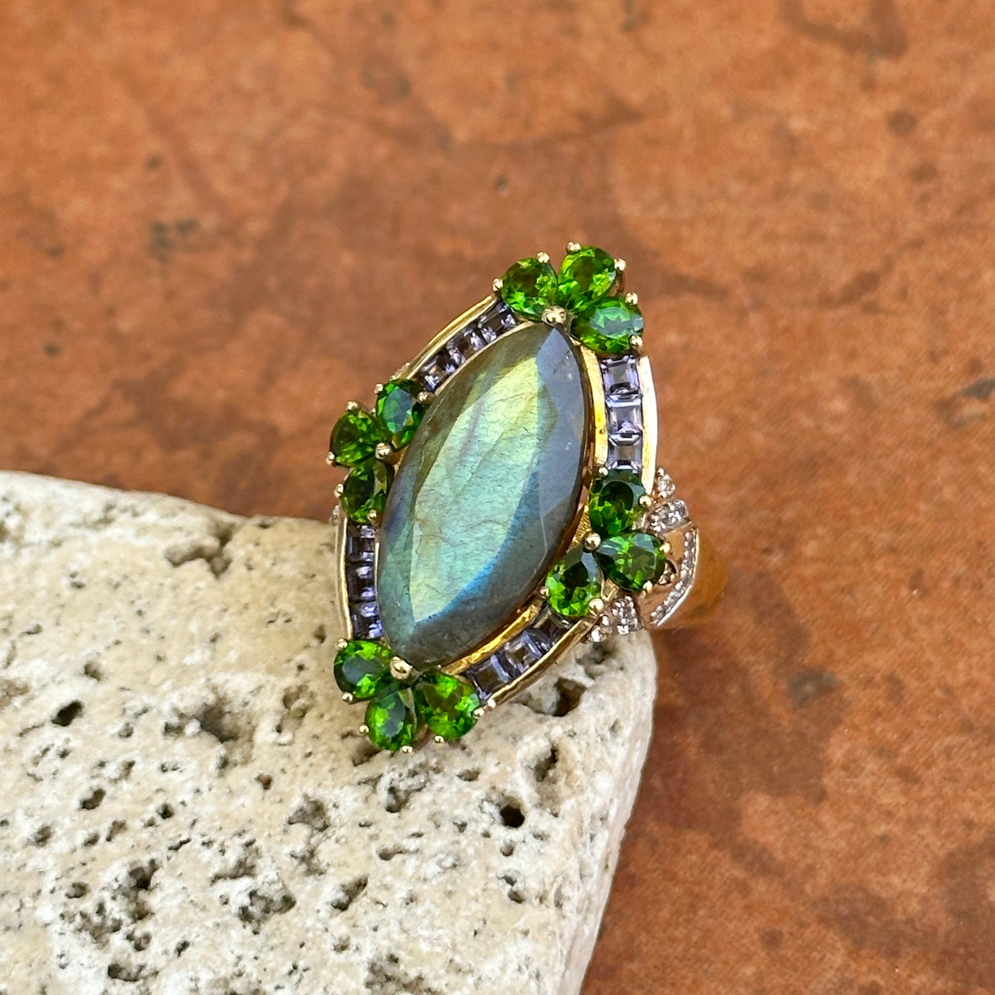 Sterling Silver Yellow Gold-Plated Marquise Labradorite Pear Chrome, Iolite, Cubic Zirconia Ring