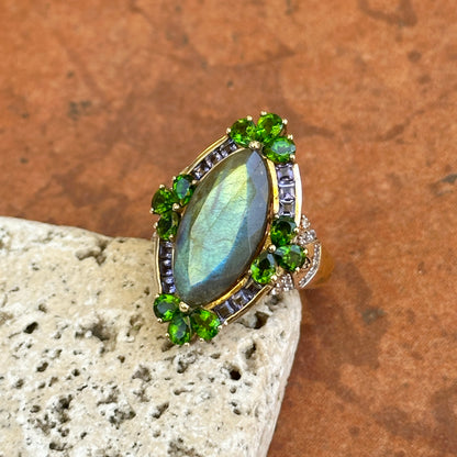 Sterling Silver Yellow Gold-Plated Marquise Labradorite Pear Chrome, Iolite, Cubic Zirconia Ring