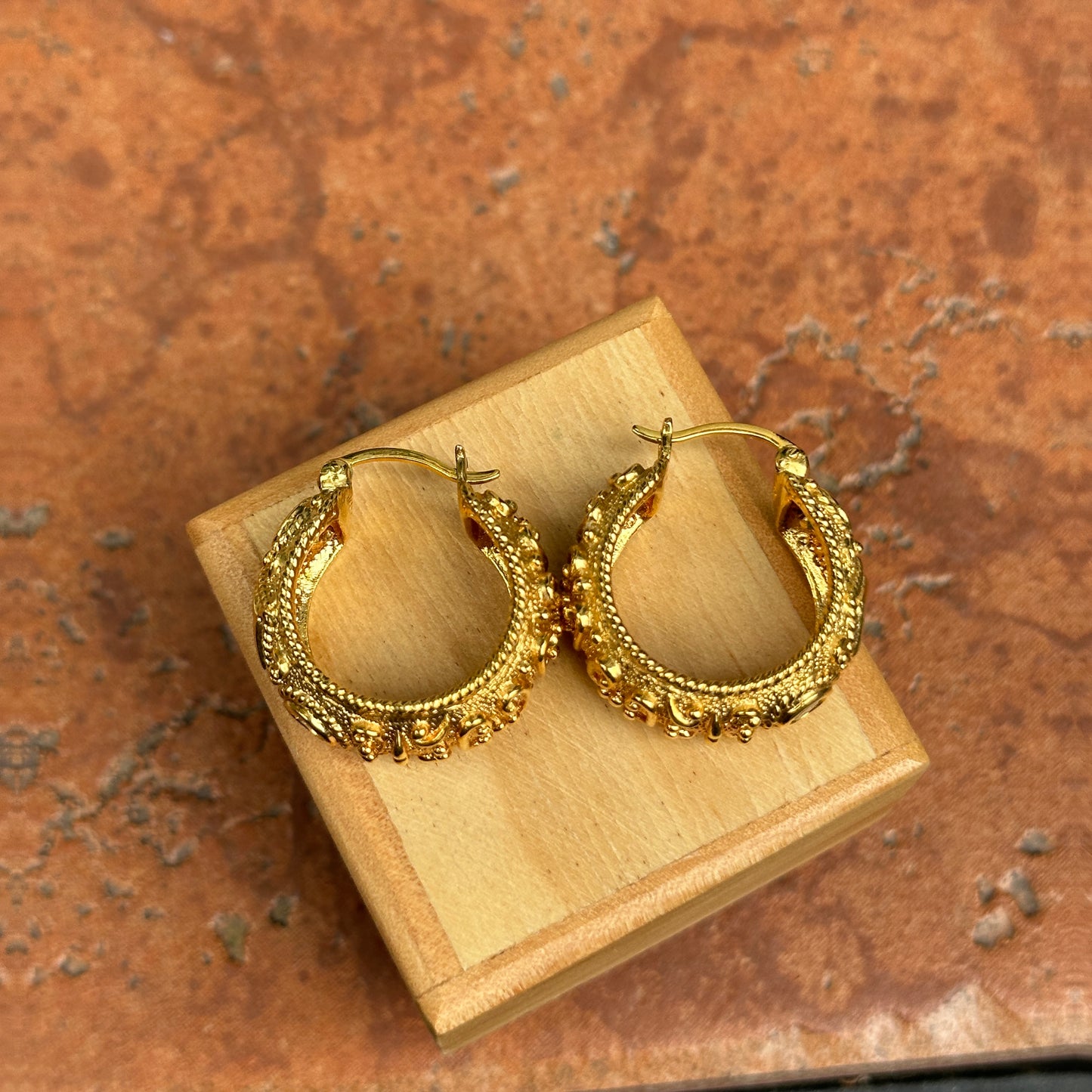 Sold Estate Yellow Gold-Plated Sterling Silver Byzantine Amethyst Peridot + Garnet Hoop Earrings - LSJ