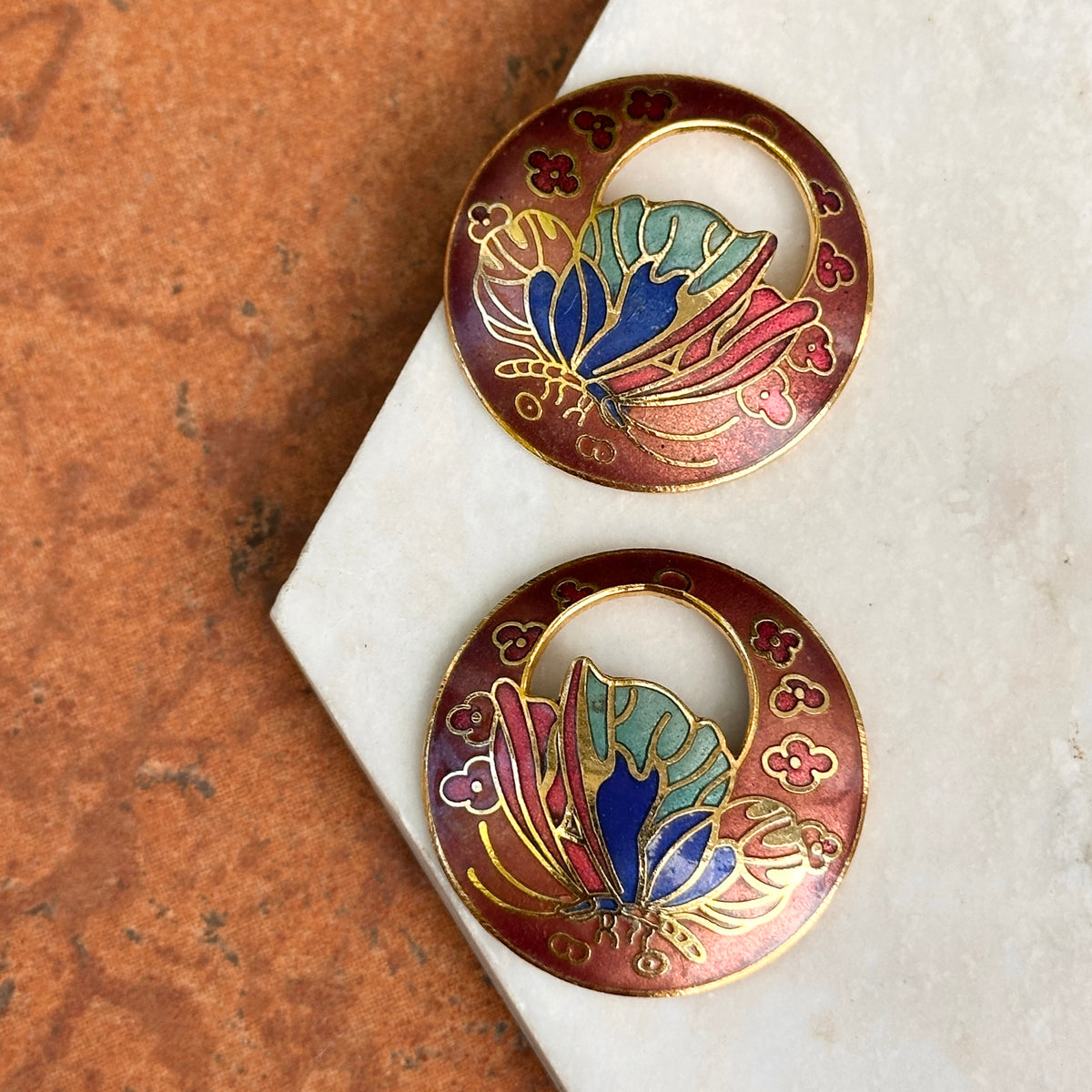 Estate Gold-Tone Cloisonne Enameled Metal Round Door Knocker Earring Charms