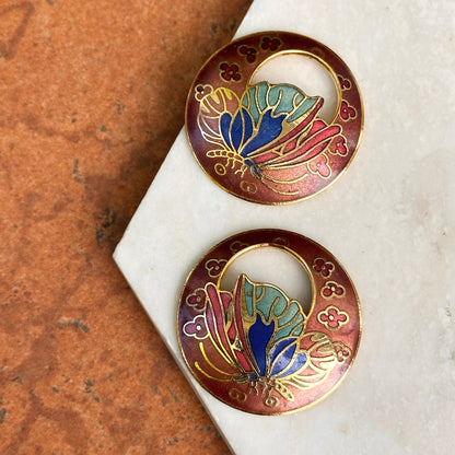 Estate Gold-Tone Cloisonne Enameled Metal Round Door Knocker Earring Charms