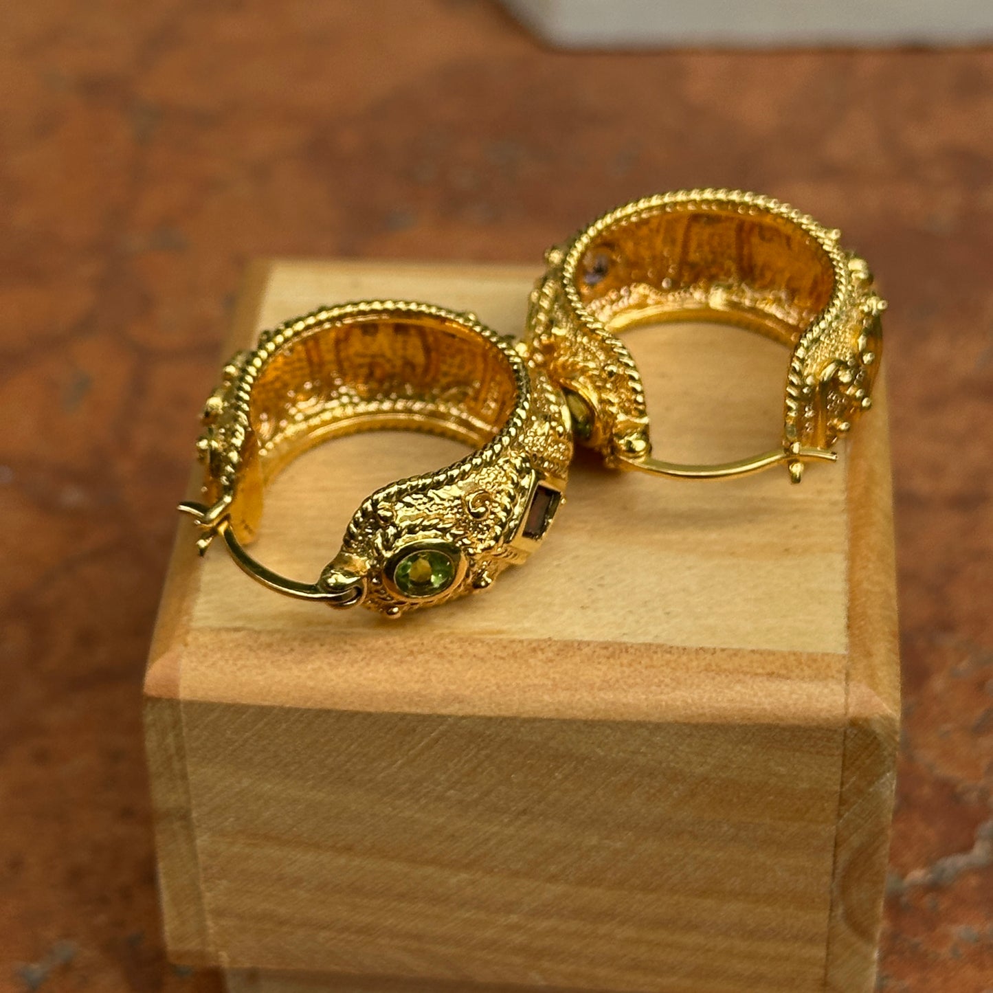 Sold Estate Yellow Gold-Plated Sterling Silver Byzantine Amethyst Peridot + Garnet Hoop Earrings - LSJ