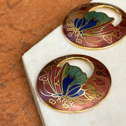 Estate Gold-Tone Cloisonne Enameled Metal Round Door Knocker Earring Charms