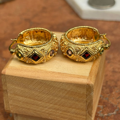 Sold Estate Yellow Gold-Plated Sterling Silver Byzantine Amethyst Peridot + Garnet Hoop Earrings - LSJ