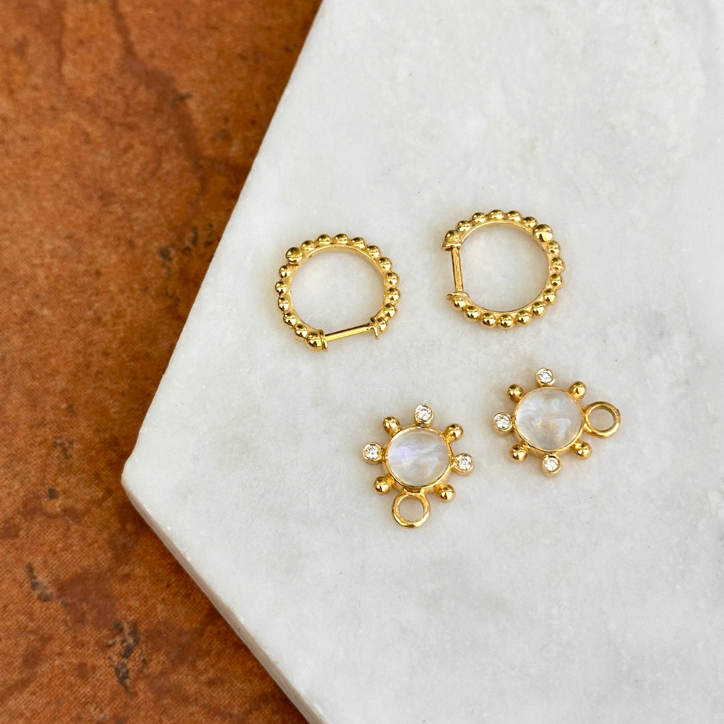 14KT Yellow Gold Round Cabochon Moonstone + Diamond Charm Earrings