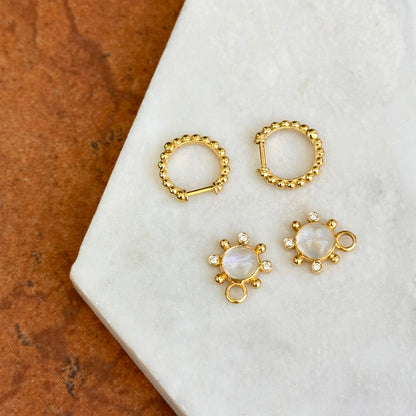 14KT Yellow Gold Round Cabochon Moonstone + Diamond Charm Earrings