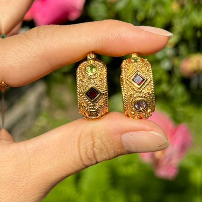 Sold Estate Yellow Gold-Plated Sterling Silver Byzantine Amethyst Peridot + Garnet Hoop Earrings - LSJ