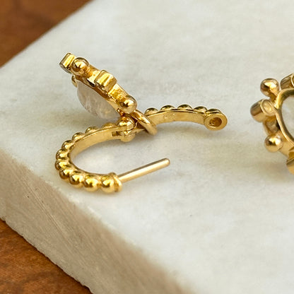 14KT Yellow Gold Round Cabochon Moonstone + Diamond Charm Earrings