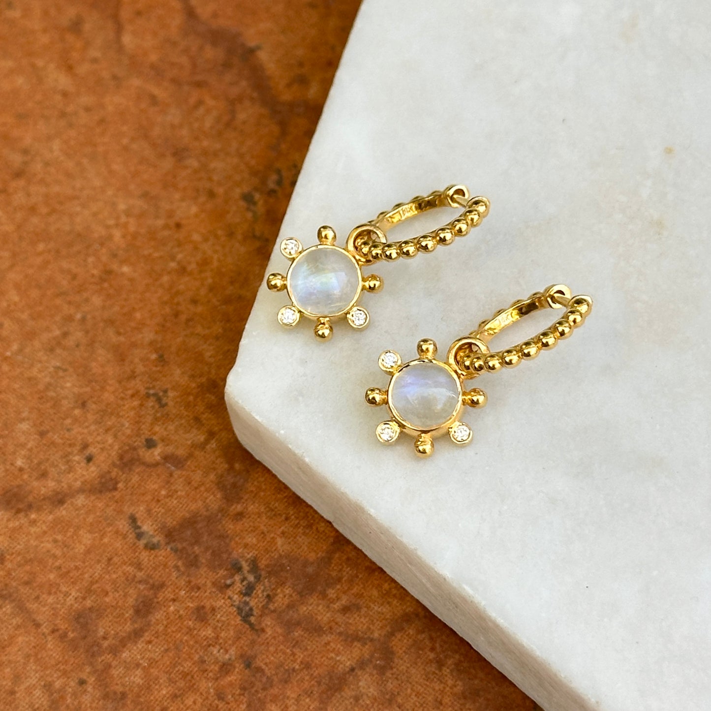 14KT Yellow Gold Round Cabochon Moonstone + Diamond Charm Earrings