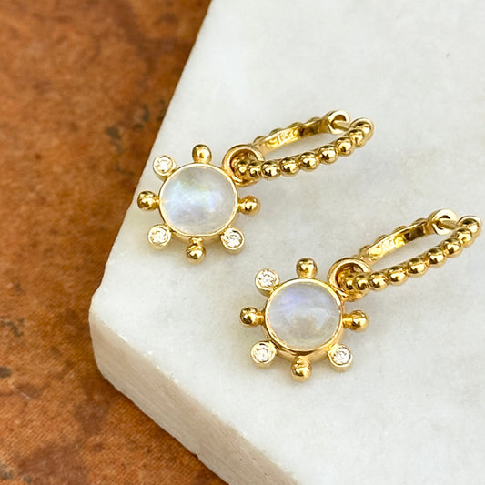 14KT Yellow Gold Round Cabochon Moonstone + Diamond Charm Earrings
