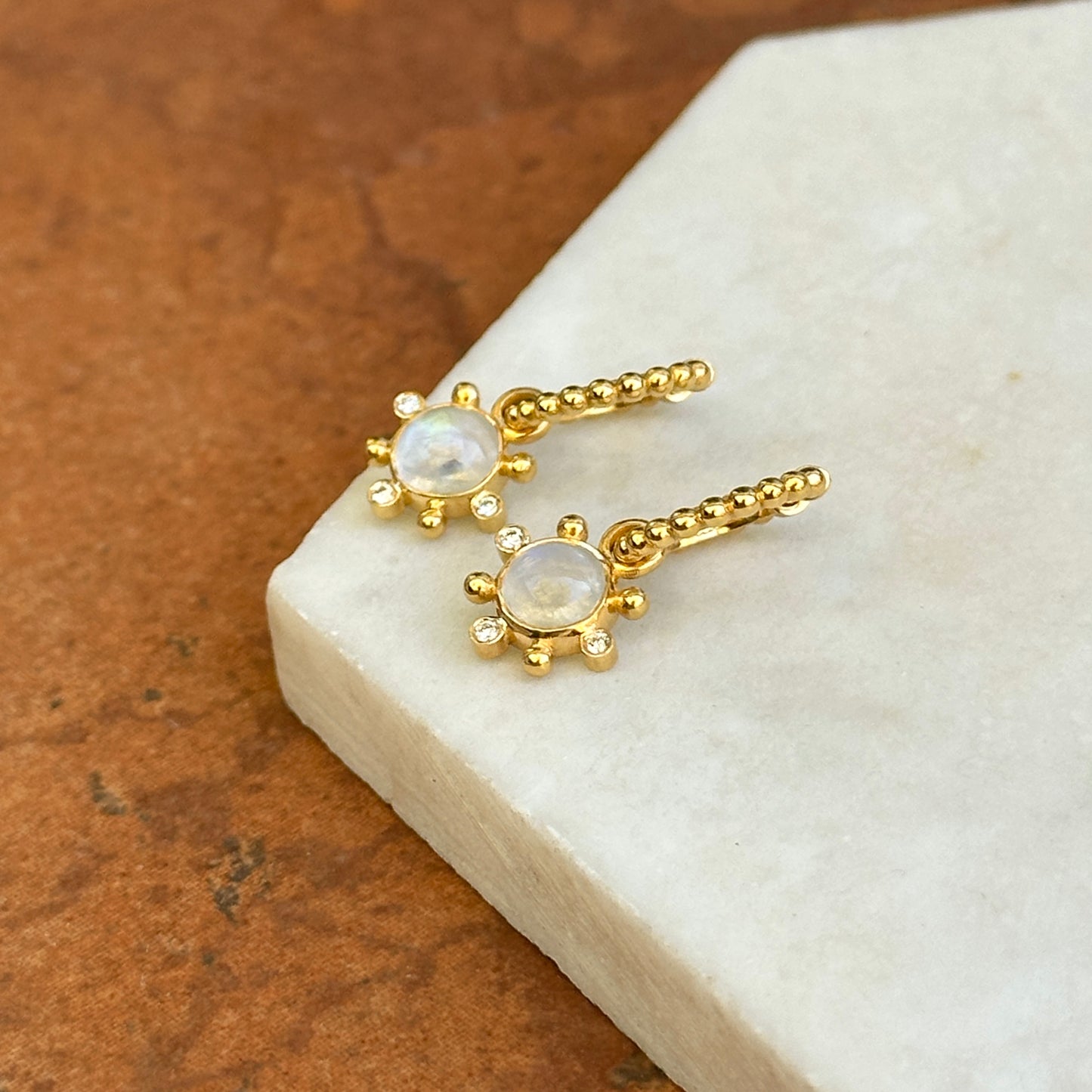 14KT Yellow Gold Round Cabochon Moonstone + Diamond Charm Earrings