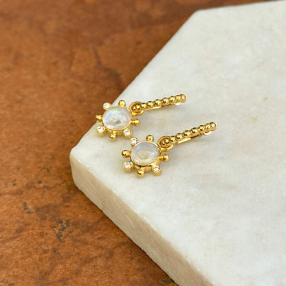 14KT Yellow Gold Round Cabochon Moonstone + Diamond Charm Earrings
