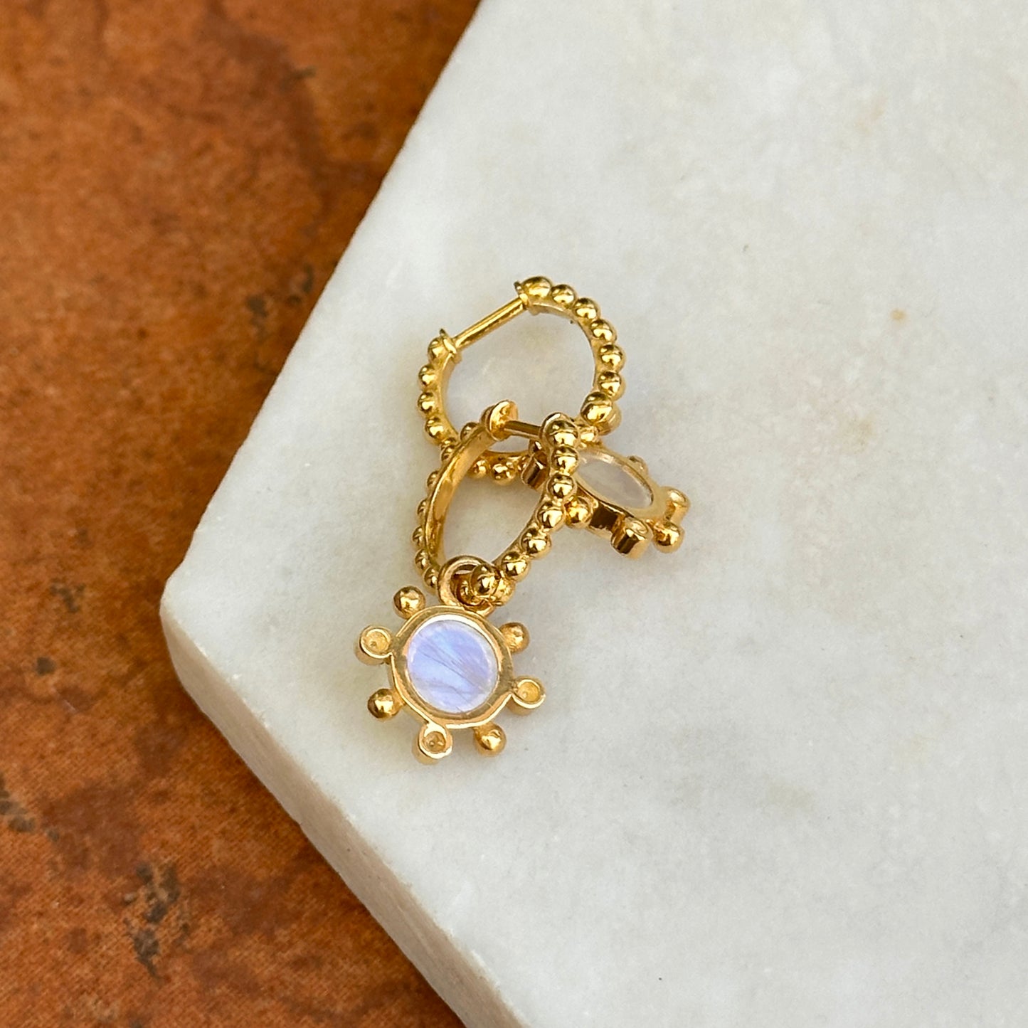 14KT Yellow Gold Round Cabochon Moonstone + Diamond Charm Earrings