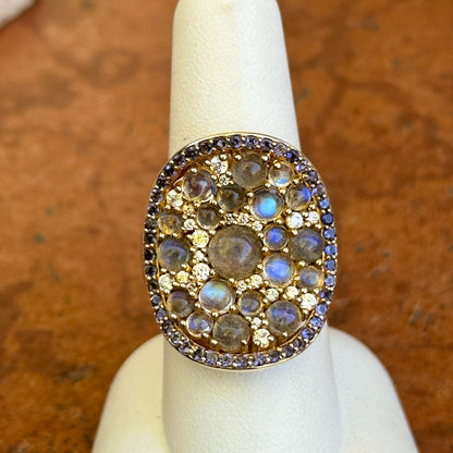 Sterling Silver Yellow Gold-Plated Labradorite, Moonstone, Iolite, and Cubic Zirconia Ring