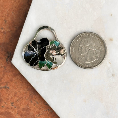 Estate Sterling Silver Black Enamel Cloisonne Hibiscus Earring Charms