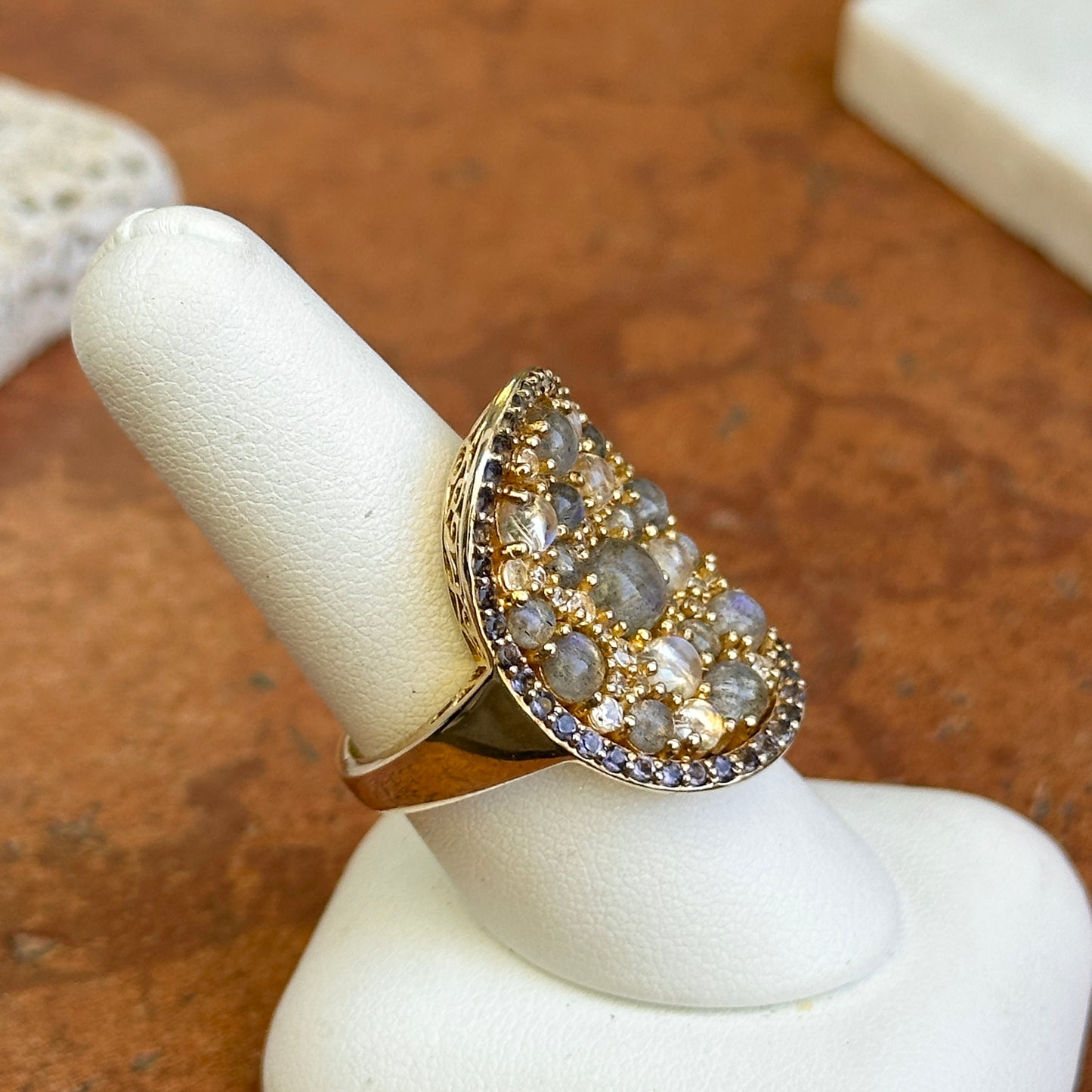 Sterling Silver Yellow Gold-Plated Labradorite, Moonstone, Iolite, and Cubic Zirconia Ring