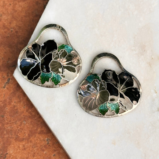 Estate Sterling Silver Black Enamel Cloisonne Hibiscus Earring Charms