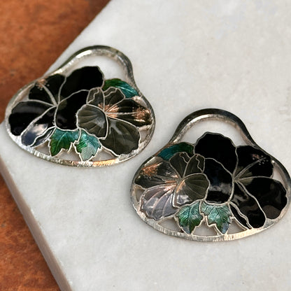 Estate Sterling Silver Black Enamel Cloisonne Hibiscus Earring Charms