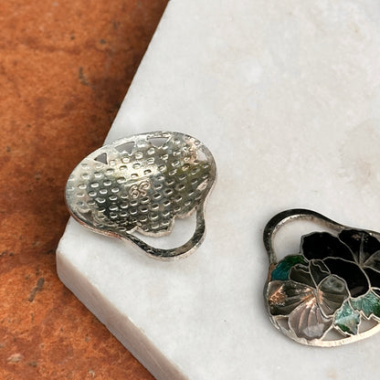 Estate Sterling Silver Black Enamel Cloisonne Hibiscus Earring Charms