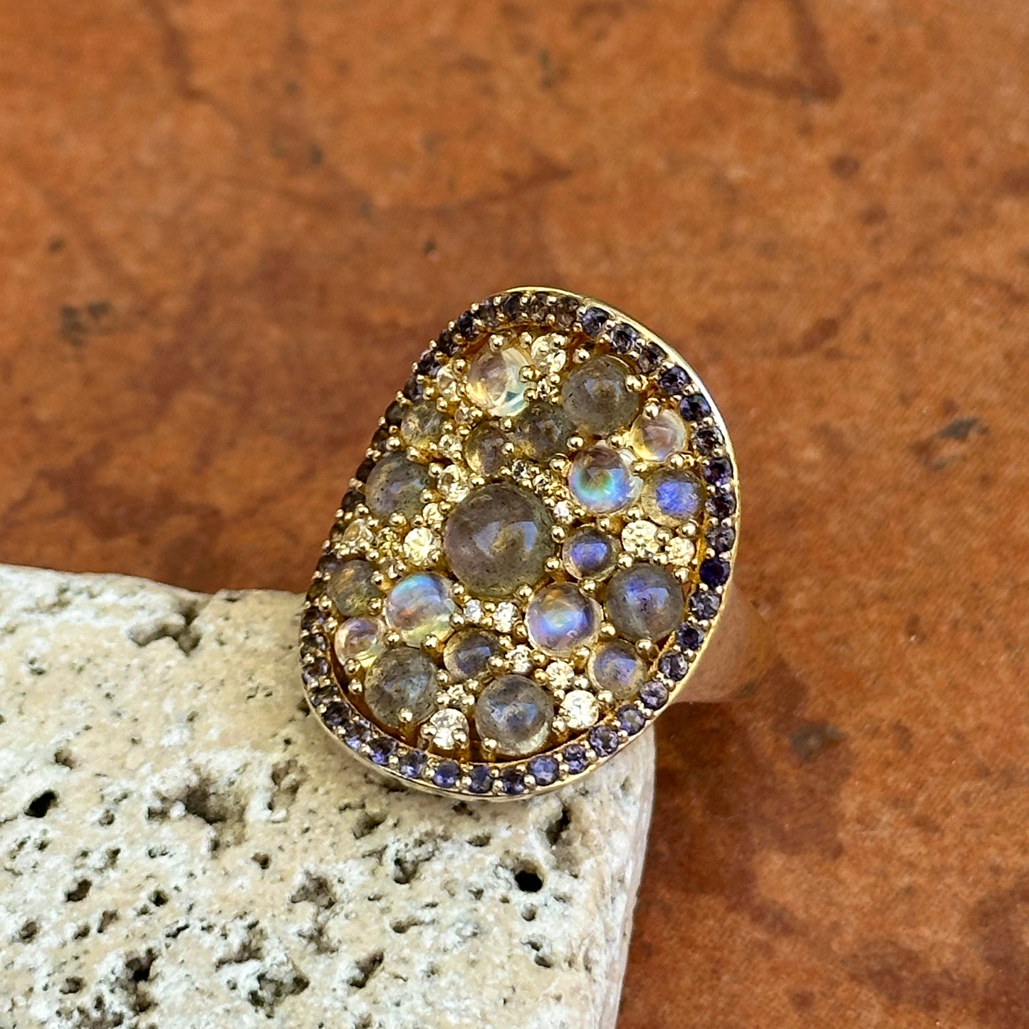 Sterling Silver Yellow Gold-Plated Labradorite, Moonstone, Iolite, and Cubic Zirconia Ring
