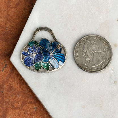 Estate Sterling Silver Blue Enamel Hibiscus Earring Charms