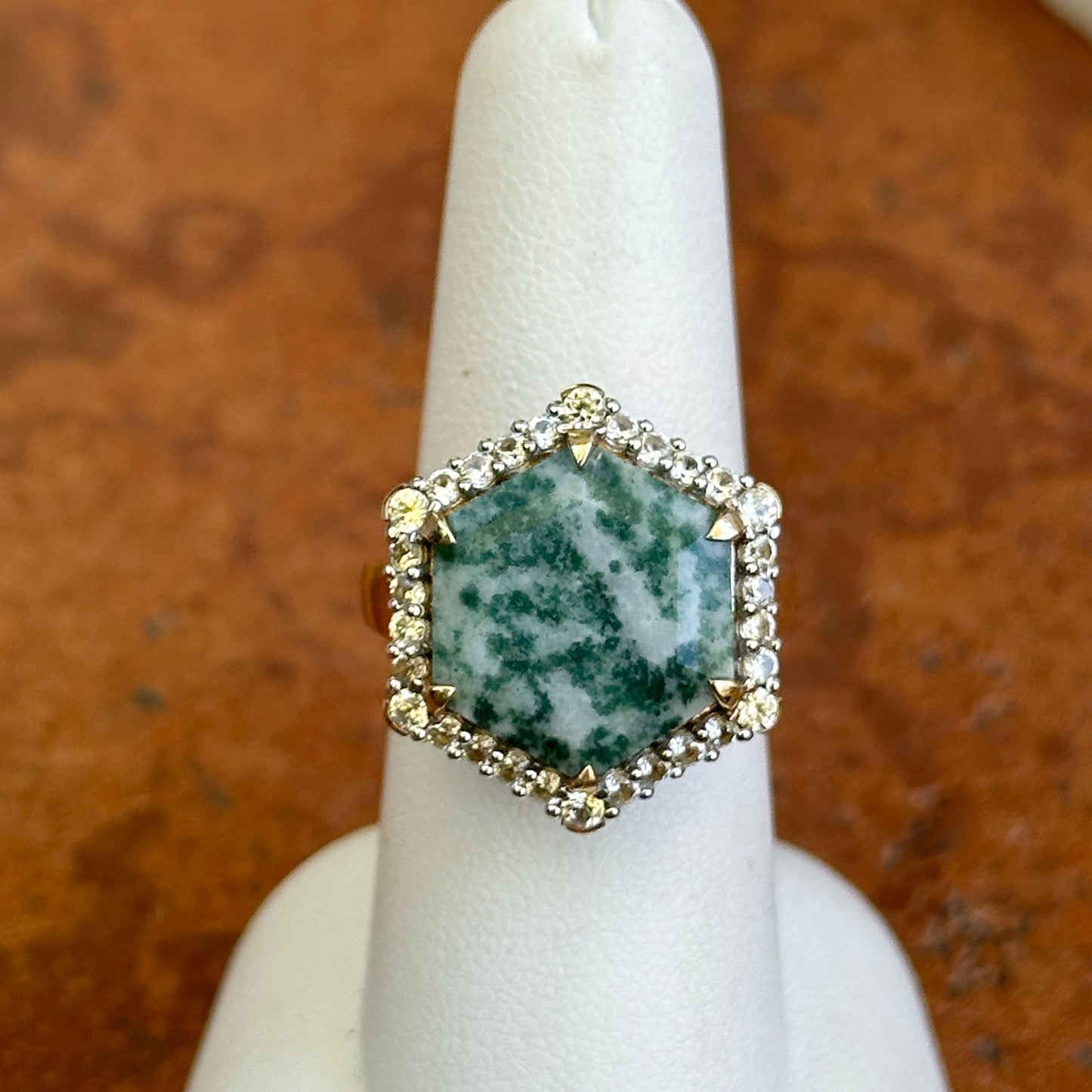 Sterling Silver Yellow Gold-Plated Hexagon Moss Agate + Cubic Zirconia Ring