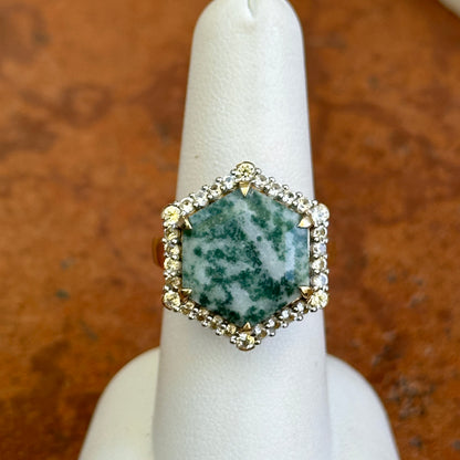 Sterling Silver Yellow Gold-Plated Hexagon Moss Agate + Cubic Zirconia Ring