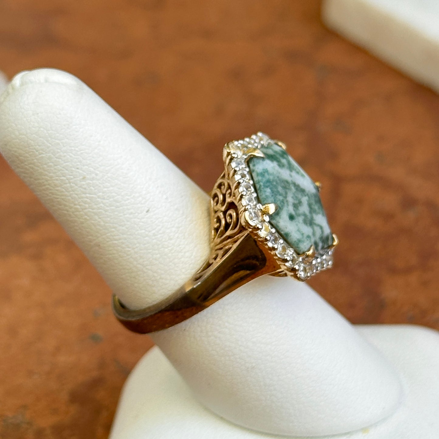 Sterling Silver Yellow Gold-Plated Hexagon Moss Agate + Cubic Zirconia Ring