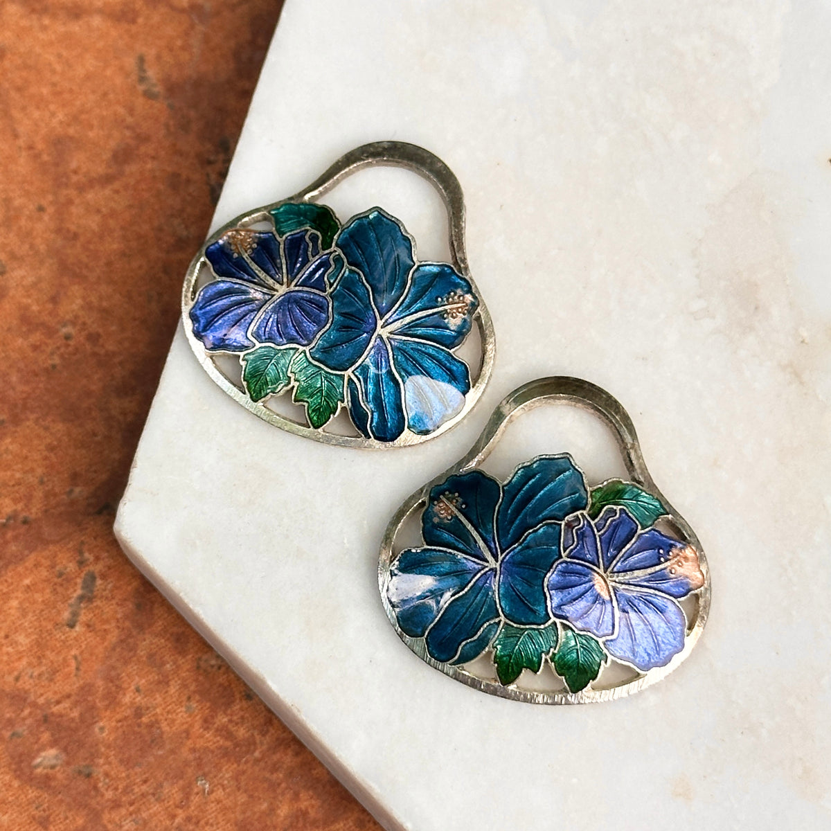 Estate Sterling Silver Blue Enamel Hibiscus Earring Charms