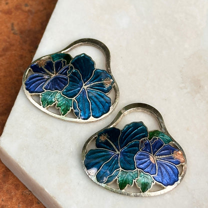Estate Sterling Silver Blue Enamel Hibiscus Earring Charms