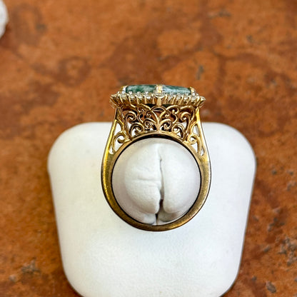 Sterling Silver Yellow Gold-Plated Hexagon Moss Agate + Cubic Zirconia Ring