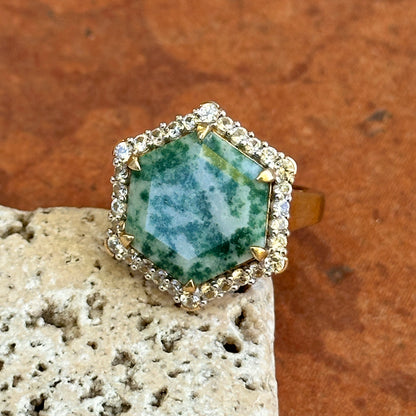 Sterling Silver Yellow Gold-Plated Hexagon Moss Agate + Cubic Zirconia Ring