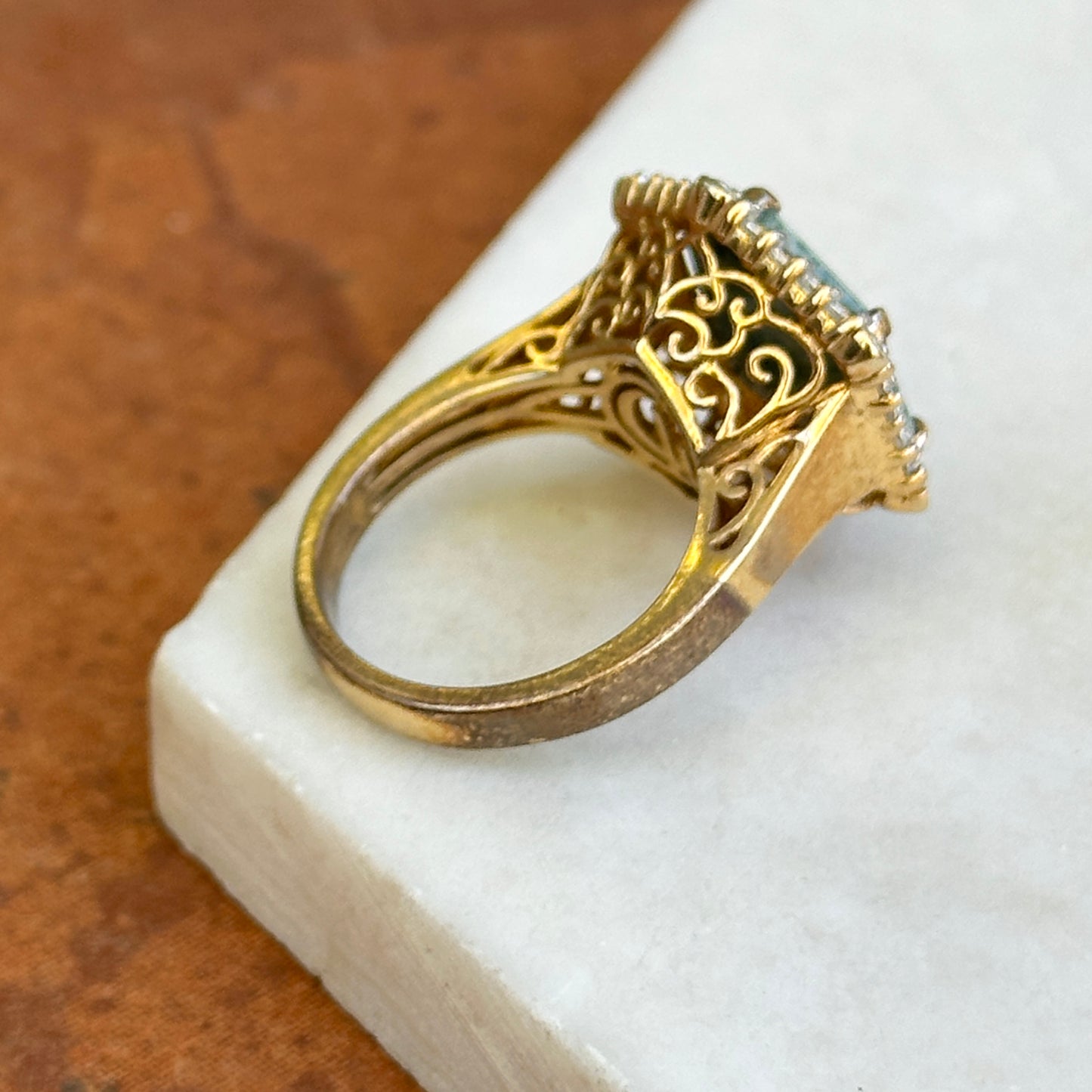 Sterling Silver Yellow Gold-Plated Hexagon Moss Agate + Cubic Zirconia Ring