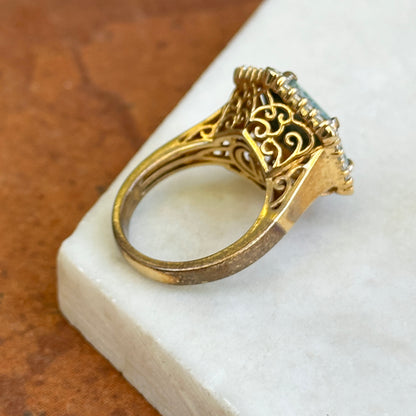 Sterling Silver Yellow Gold-Plated Hexagon Moss Agate + Cubic Zirconia Ring