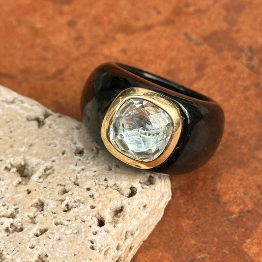 Estate 14KT Yellow Gold Black Onyx + Genuine Topaz Bezel Set Dome Ring