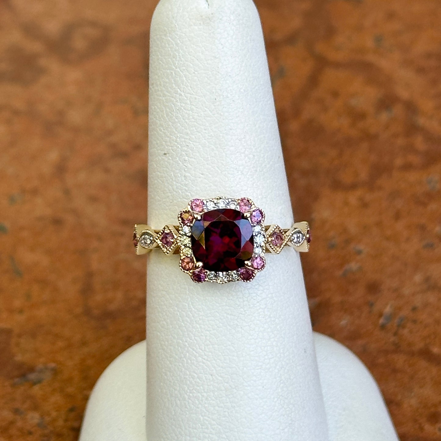 14KT Yellow Gold Cushion Rhodolite Garnet + Round Diamond Miligrain Ring