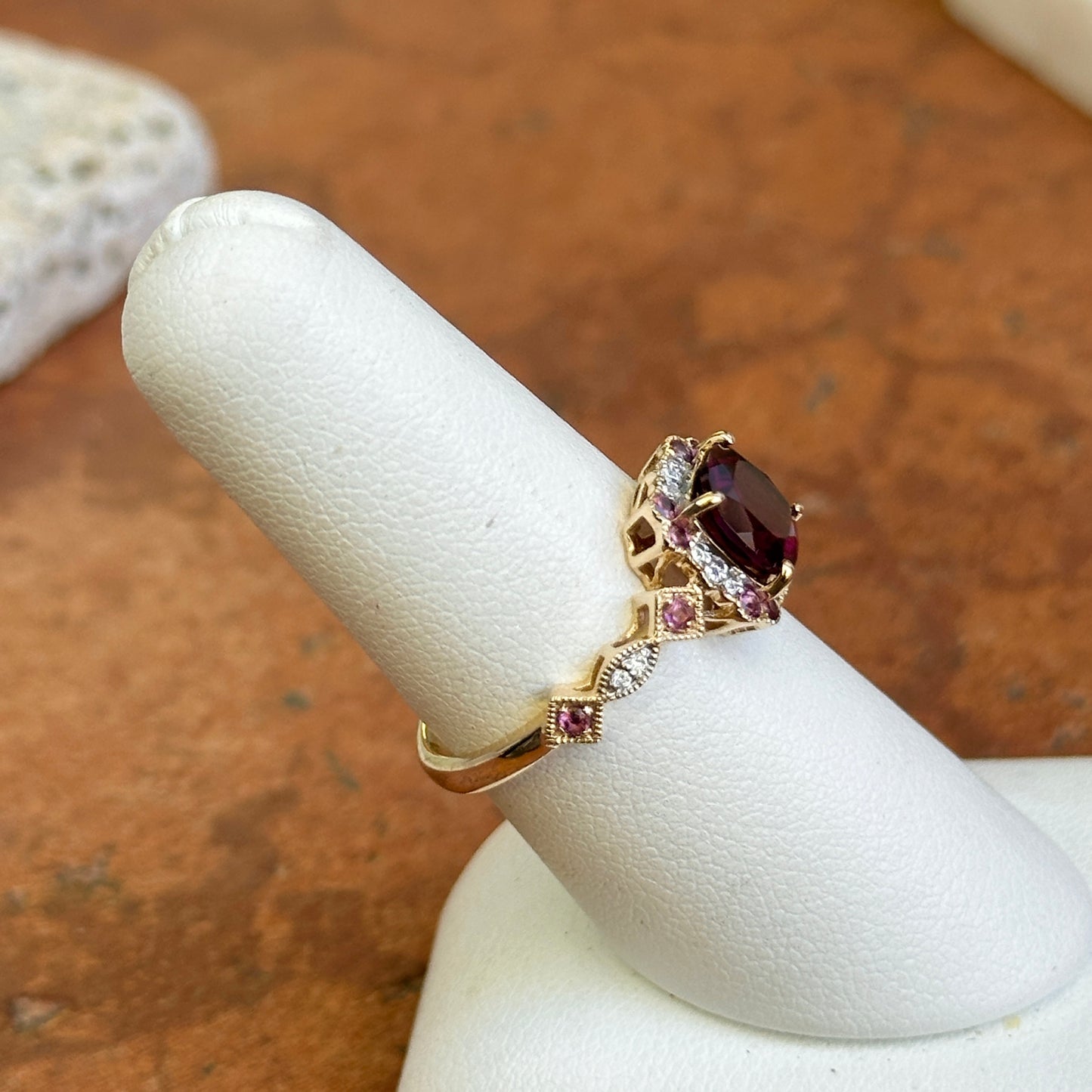 14KT Yellow Gold Cushion Rhodolite Garnet + Round Diamond Miligrain Ring