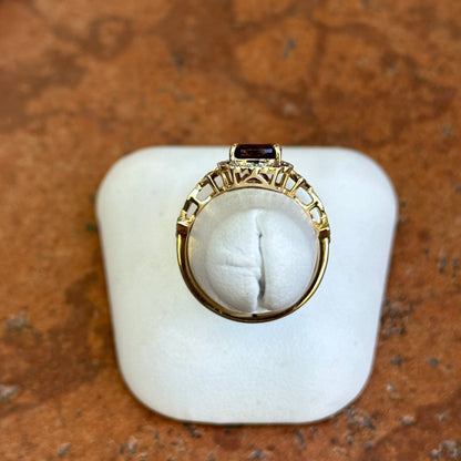 14KT Yellow Gold Cushion Rhodolite Garnet + Round Diamond Miligrain Ring