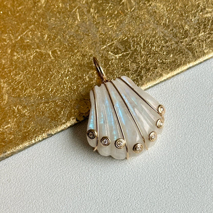 14KT Yellow Gold Moonstone Shell + Bezel-Set Diamonds Pendant - LSJ