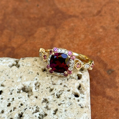 14KT Yellow Gold Cushion Rhodolite Garnet + Round Diamond Miligrain Ring