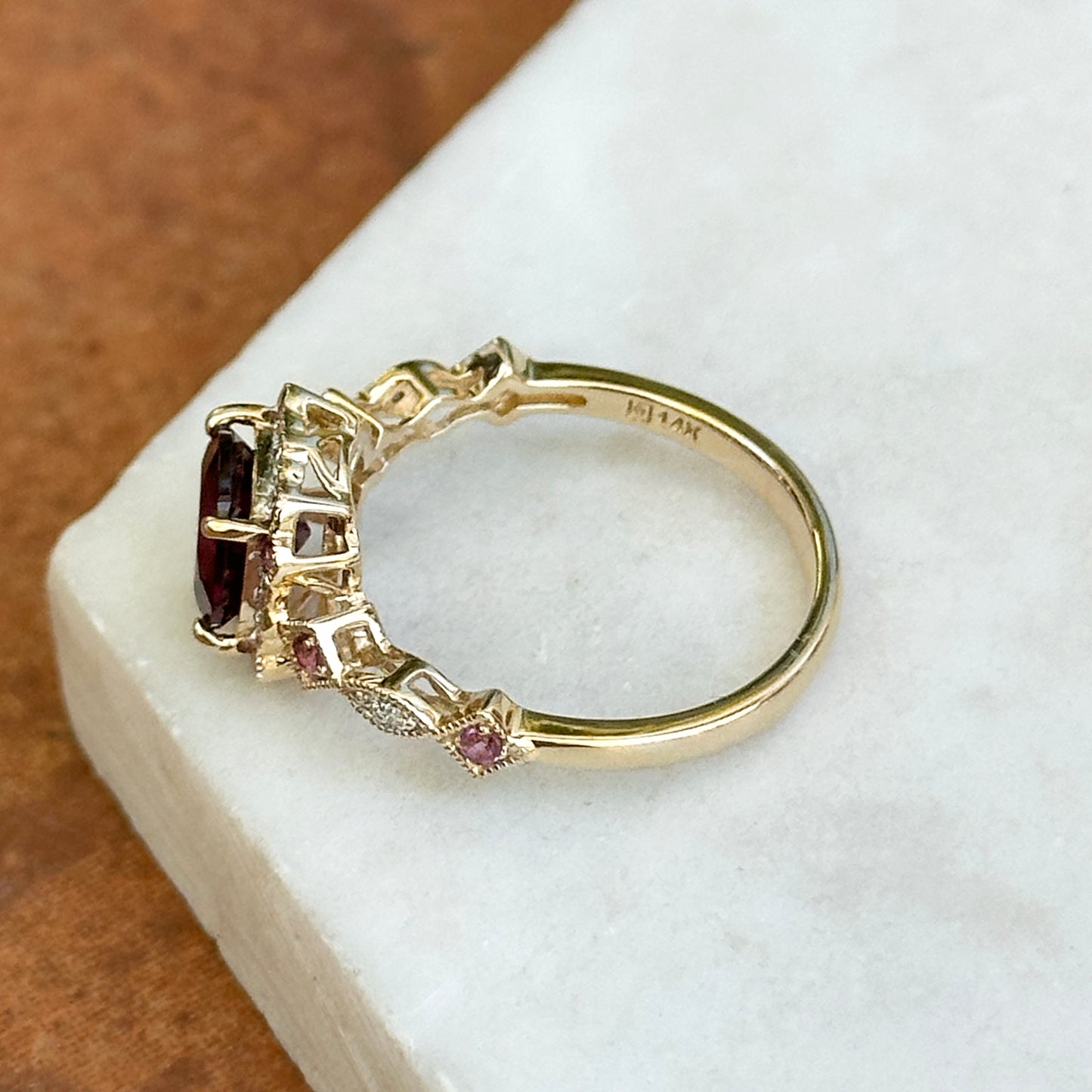 14KT Yellow Gold Cushion Rhodolite Garnet + Round Diamond Miligrain Ring