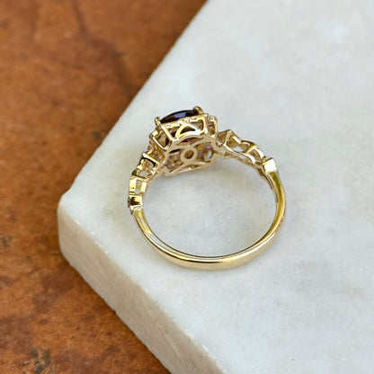 14KT Yellow Gold Cushion Rhodolite Garnet + Round Diamond Miligrain Ring