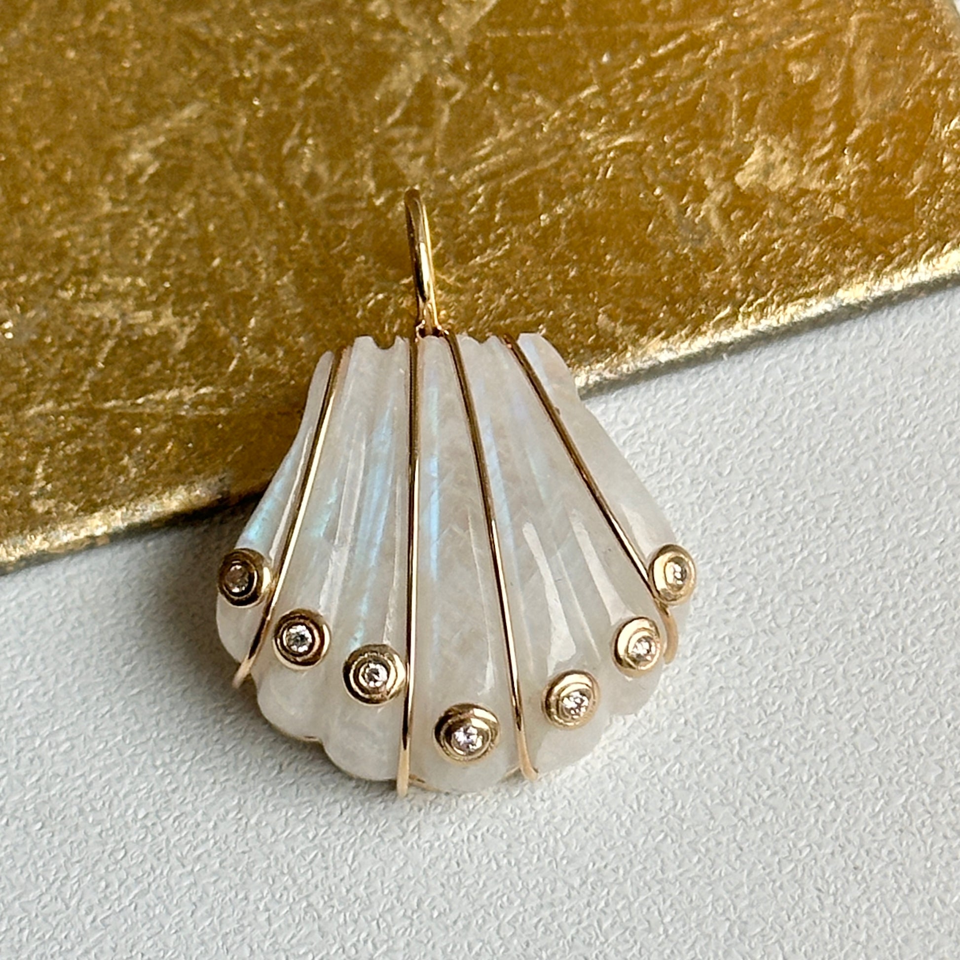 14KT Yellow Gold Moonstone Shell + Bezel-Set Diamonds Pendant - LSJ